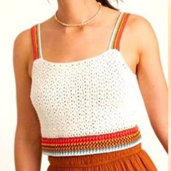 Marine Layer NWT Caro Cropped Crochet Tank Size L Square Neck Colorful Trim - Picture 1 of 10